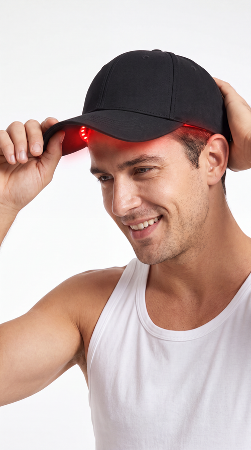Man holding the Folluma Red Light Hair Care Cap about to put it on, side angle, 4K